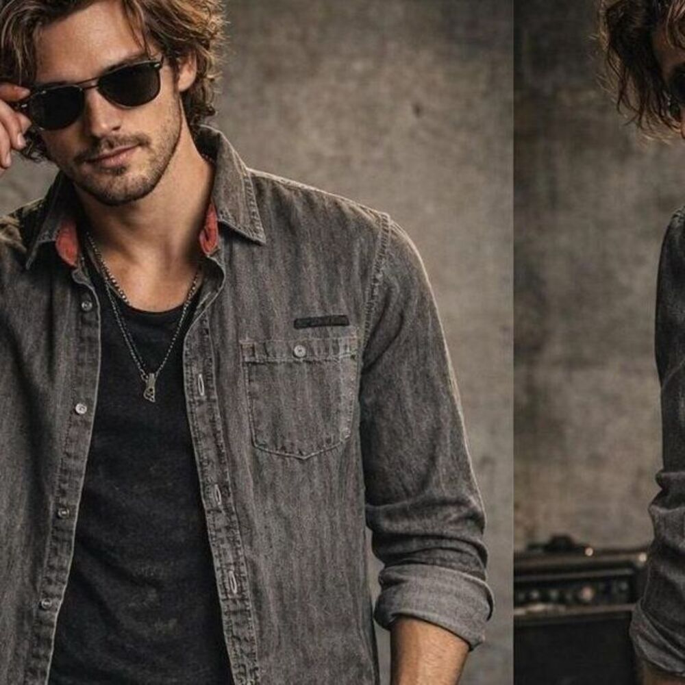 Men medium gray denim street rocker urban metallic graphic text on back